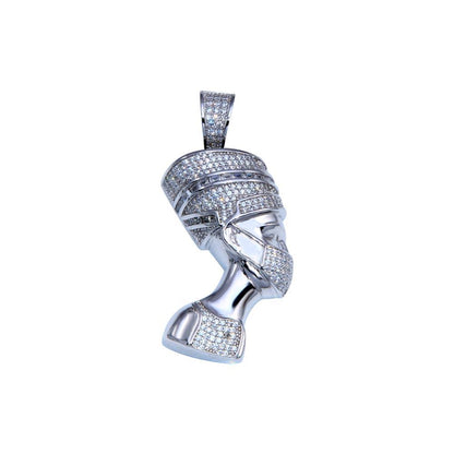 925 Sterling Silver Rhodium Plated CZ Queen Nafertiti Hip Hop Pendant