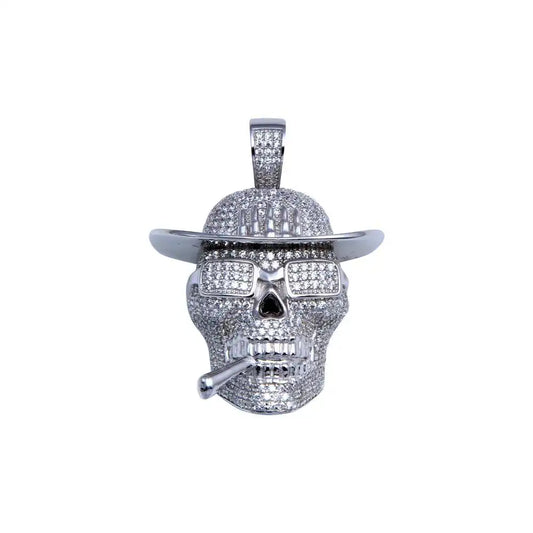 925 Sterling Silver Rhodium Plated CZ Cowboy Skull Hip Hop Pendant