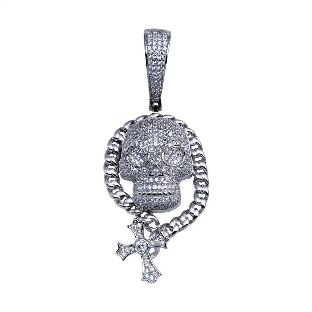 925 Sterling Silver Rhodium Plated CZ Skull Hip Hop Pendant