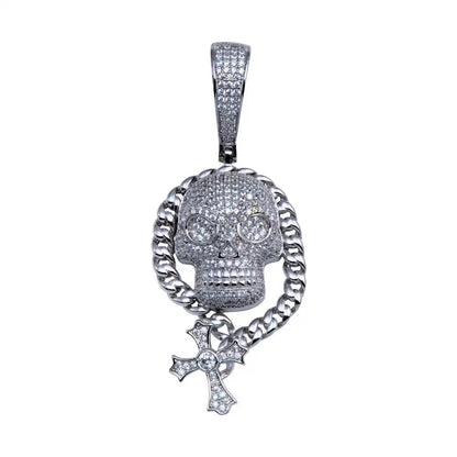 925 Sterling Silver Rhodium Plated CZ Skull Hip Hop Pendant