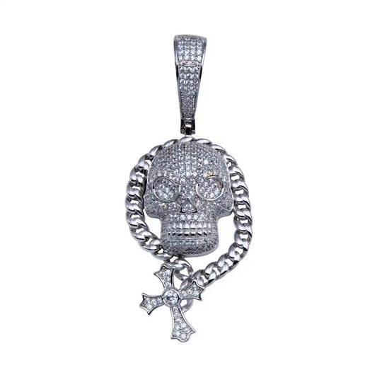 925 Sterling Silver Rhodium Plated CZ Skull Hip Hop Pendant