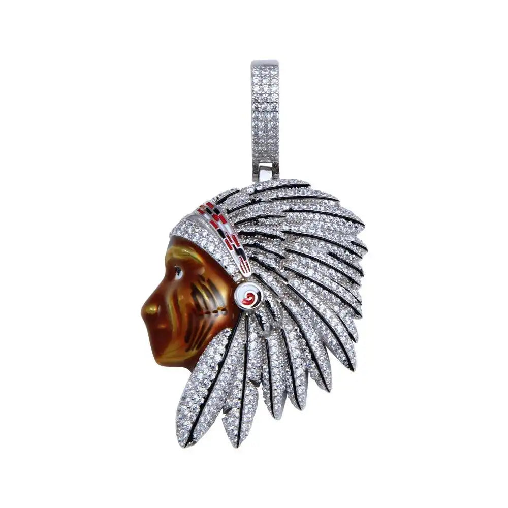 925 Sterling Silver Rhodium Plated CZ Native Chief Hip Hop Pendant
