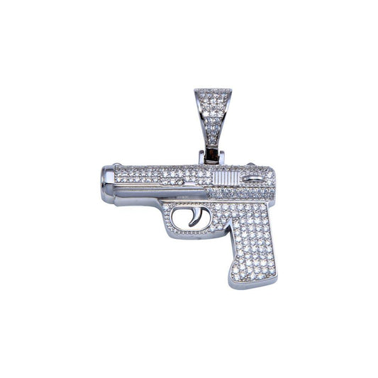925 Sterling Silver Rhodium Plated CZ Gun Hip Hop Pendant