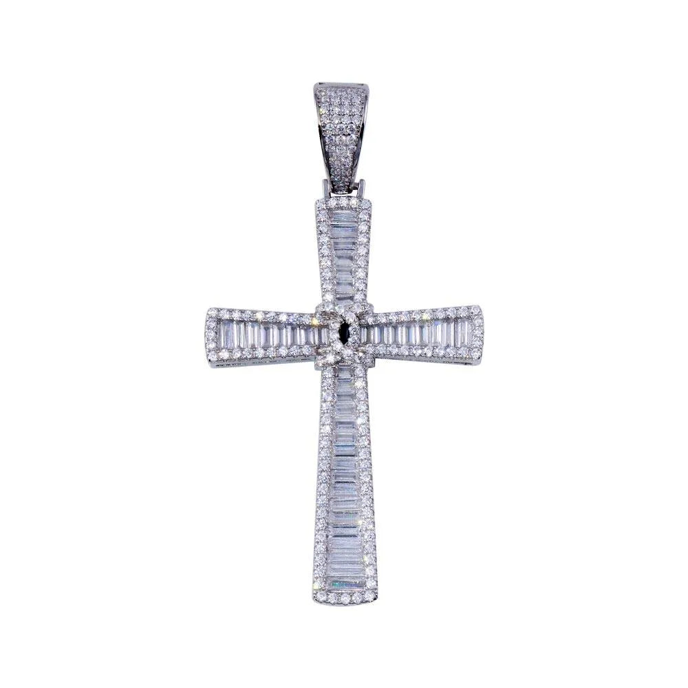 925 Sterling Silver Rhodium Plated CZ Cross Hip Hop Pendant