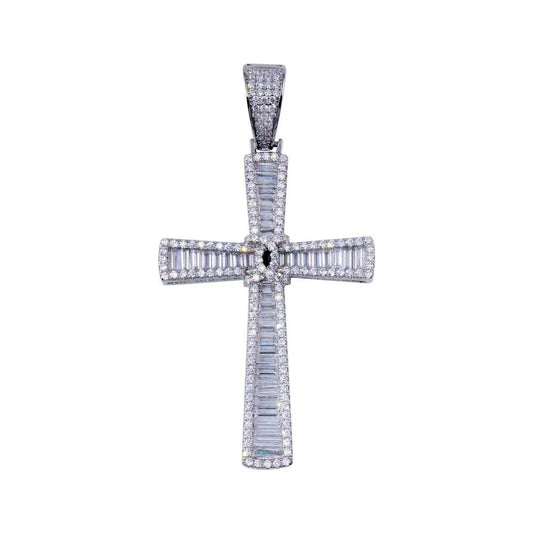 925 Sterling Silver Rhodium Plated CZ Cross Hip Hop Pendant