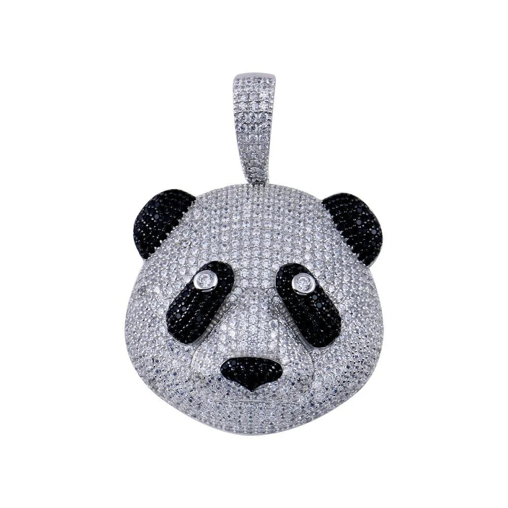 925 Sterling Silver Rhodium Plated CZ Panda Hip Hop Pendant