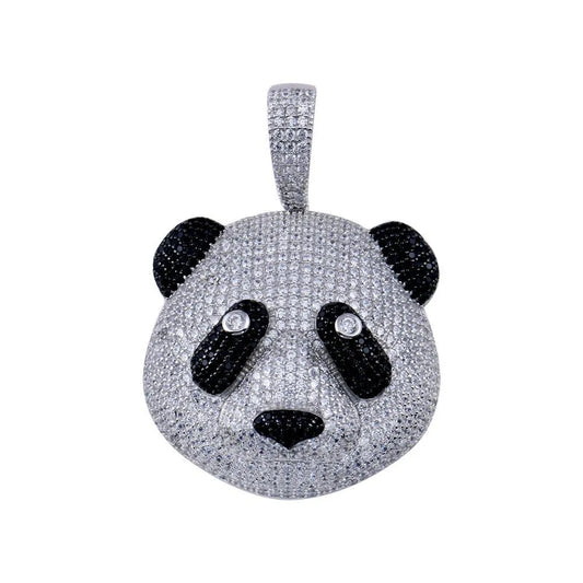 925 Sterling Silver Rhodium Plated CZ Panda Hip Hop Pendant