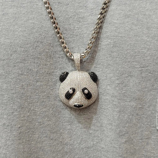 925 Sterling Silver Rhodium Plated CZ Panda Hip Hop Pendant