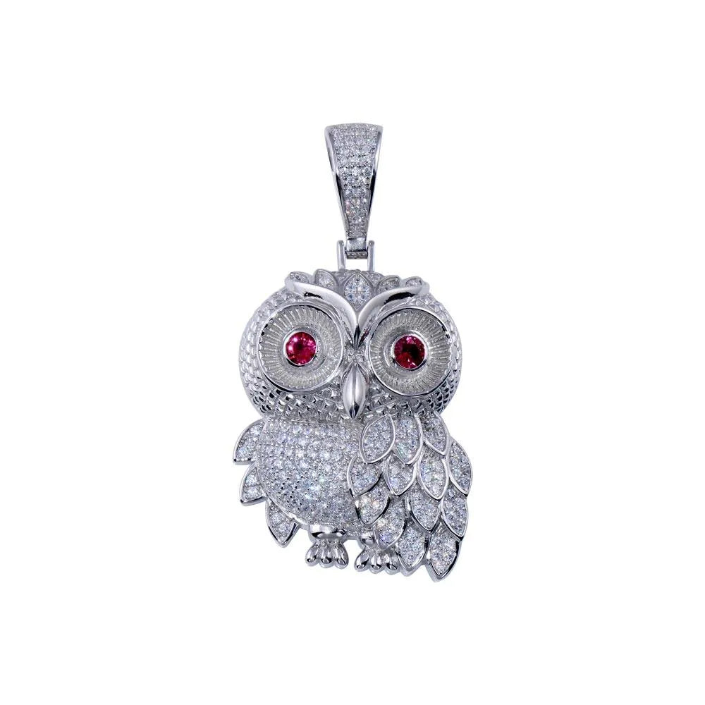 925 Sterling Silver Rhodium Plated CZ Owl Hip Hop Pendant