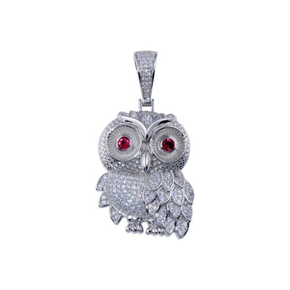 925 Sterling Silver Rhodium Plated CZ Owl Hip Hop Pendant