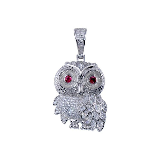 925 Sterling Silver Rhodium Plated CZ Owl Hip Hop Pendant