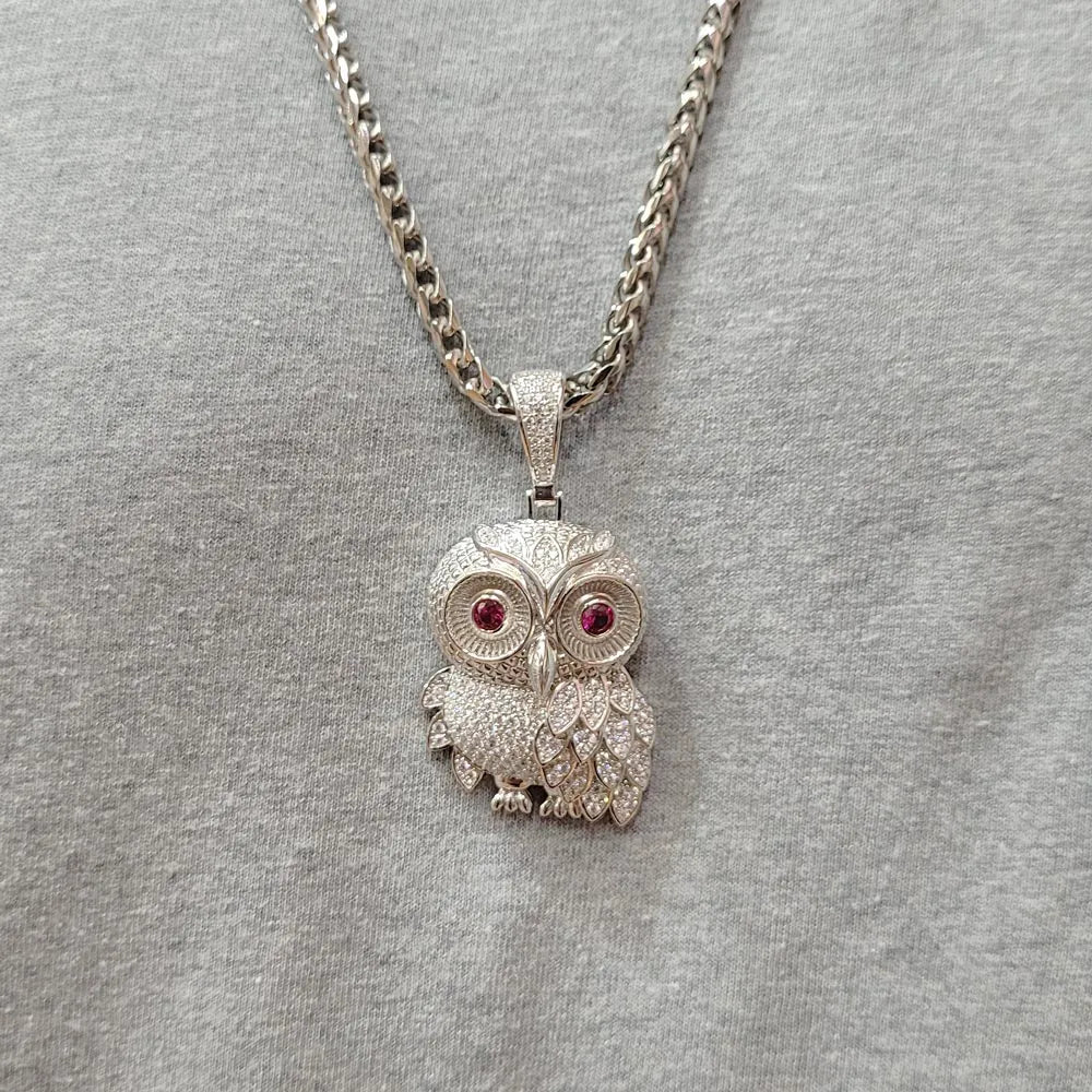 925 Sterling Silver Rhodium Plated CZ Owl Hip Hop Pendant