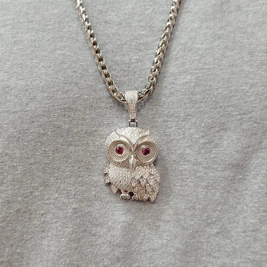 925 Sterling Silver Rhodium Plated CZ Owl Hip Hop Pendant