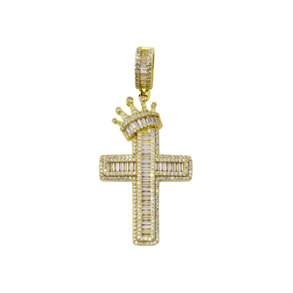 925 Sterling Silver Gold Plated CZ Crown Cross Hip Hop Pendant