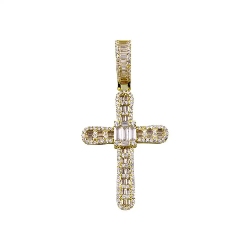 925 Sterling Silver Gold Plated CZ Cross Hip Hop Pendant
