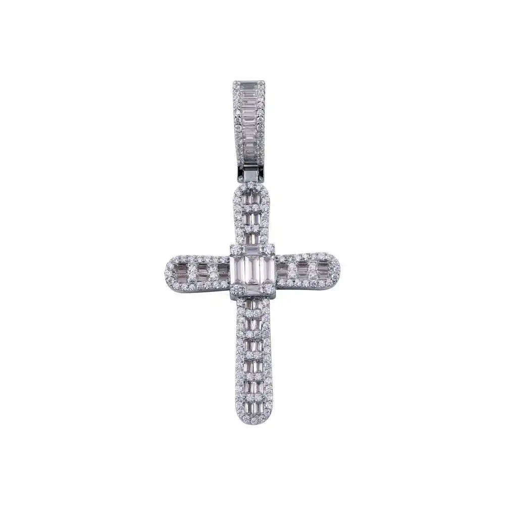 925 Sterling Silver Rhodium Plated CZ Cross Hip Hop Pendant