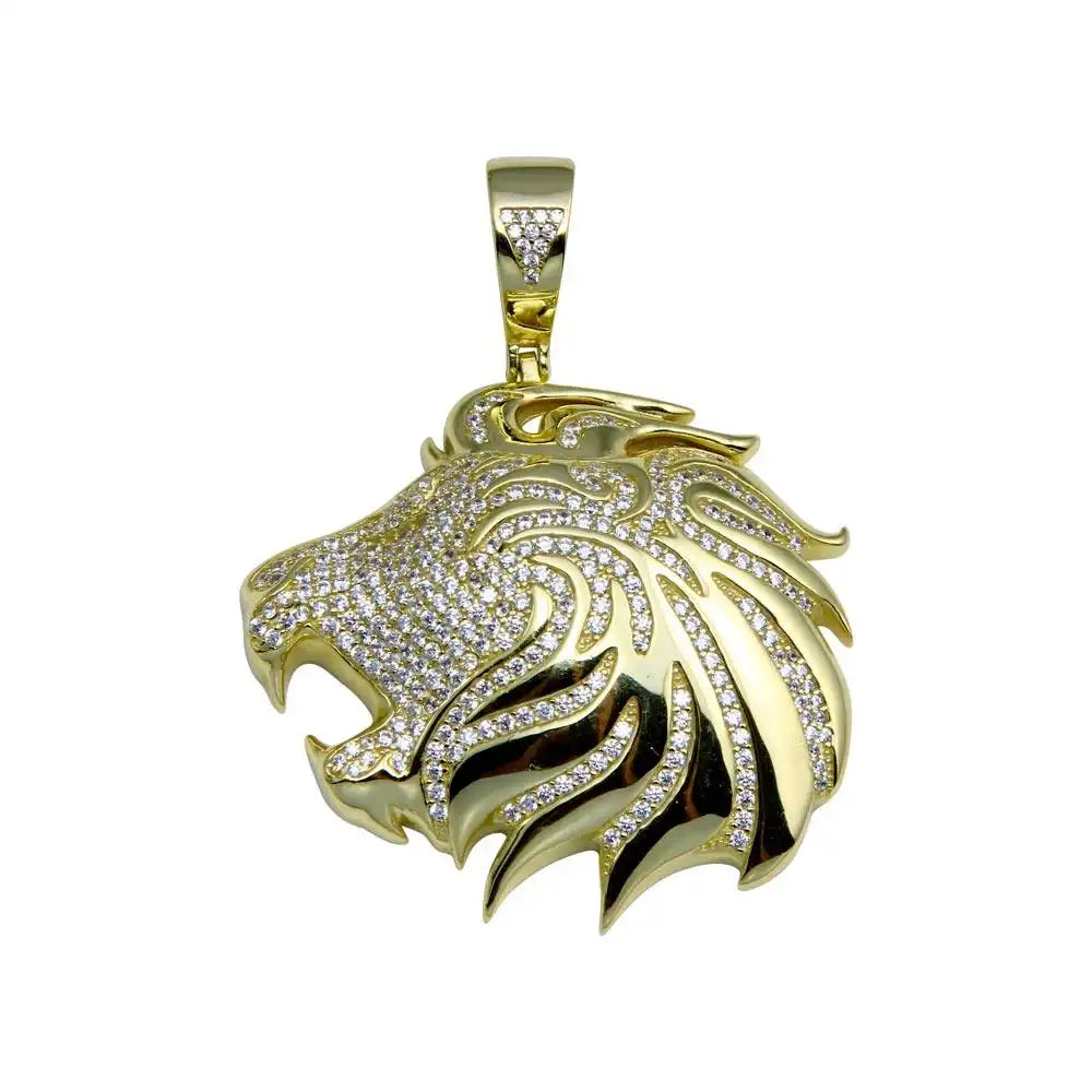 925 Sterling Silver Gold Plated CZ Lion Hip Hop Pendant