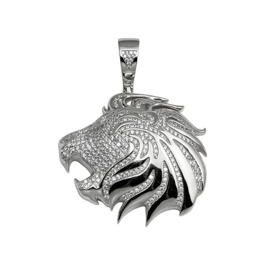 925 Sterling Silver Rhodium Plated CZ Lion Hip Hop Pendant