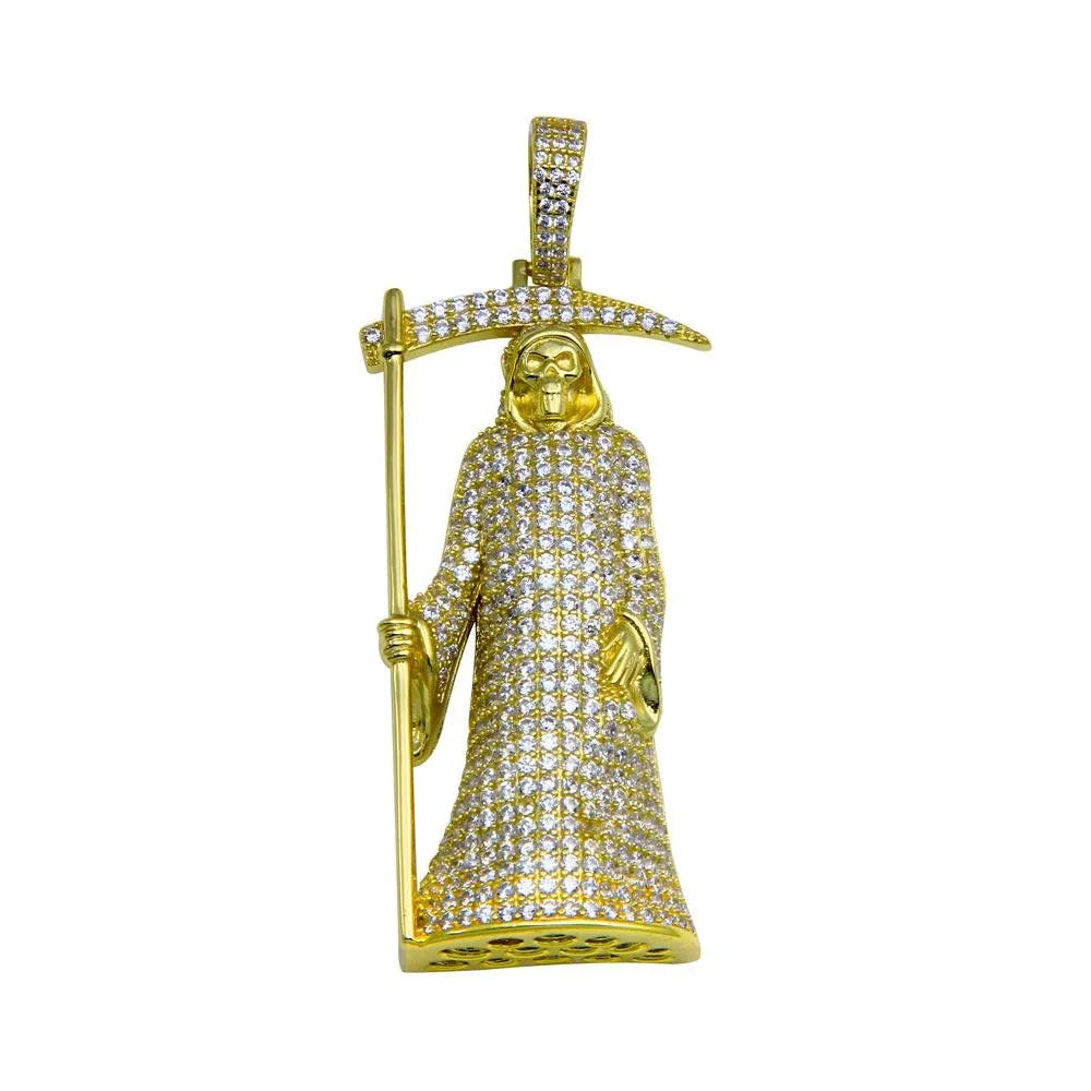 925 Sterling Silver Gold Plated CZ Santa Muerte Hip Hop Pendant