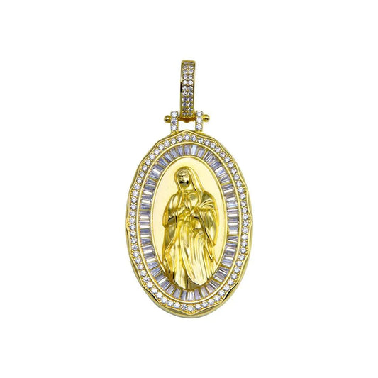 925 Sterling Silver Gold Plated CZ Mary Hip Hop Pendant