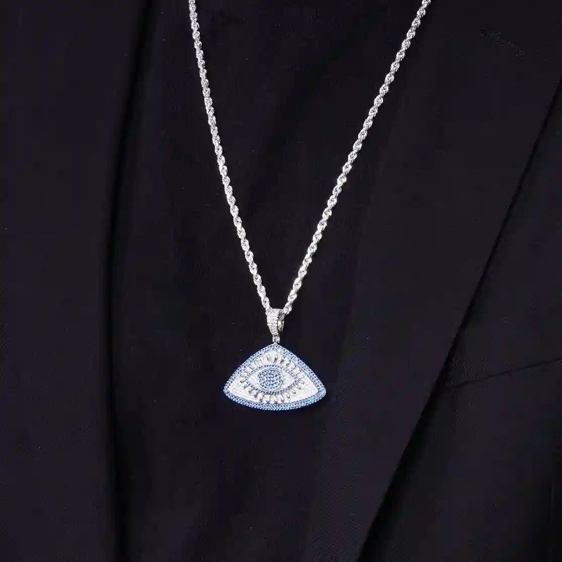 925 Sterling Silver Rhodium Plated CZ Encrusted Eye Clear and Blue CZ Pendant