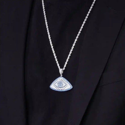 925 Sterling Silver Rhodium Plated CZ Encrusted Eye Clear and Blue CZ Pendant
