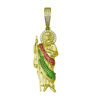 925 Sterling Silver Gold Plated Multi Color CZ St Jude Hip Hop Pendant