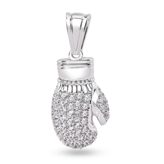 925 Sterling Silver Rhodium Plated 3D Boxing Gloves Clear CZ Pendant