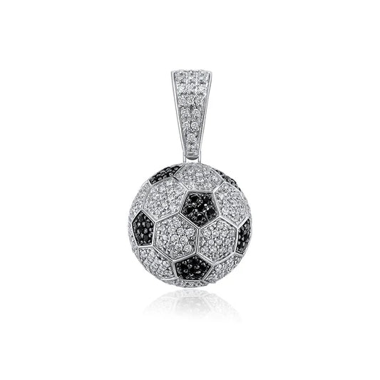 925 Sterling Silver Rhodium Plated Football Soccer Clear and Black CZ Pendant