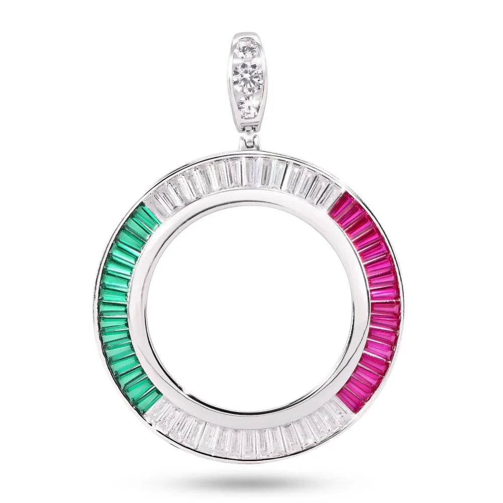 925 Sterling Silver Rhodium Plated Bezel for Coin Baguette Clear Green and Red CZ Pendant