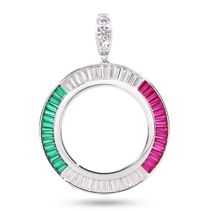 925 Sterling Silver Rhodium Plated Bezel for Coin Baguette Clear Green and Red CZ Pendant