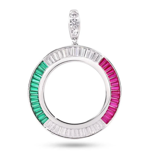 925 Sterling Silver Rhodium Plated Bezel for Coin Baguette Clear Green and Red CZ Pendant