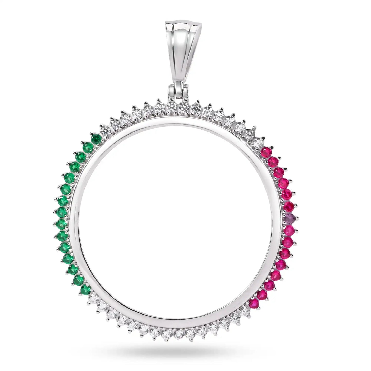 925 Sterling Silver Rhodium Plated Bezel for Coin Clear Green and Red CZ Pendant