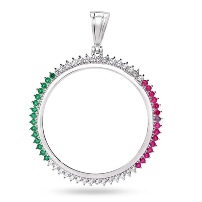 925 Sterling Silver Rhodium Plated Bezel for Coin Clear Green and Red CZ Pendant