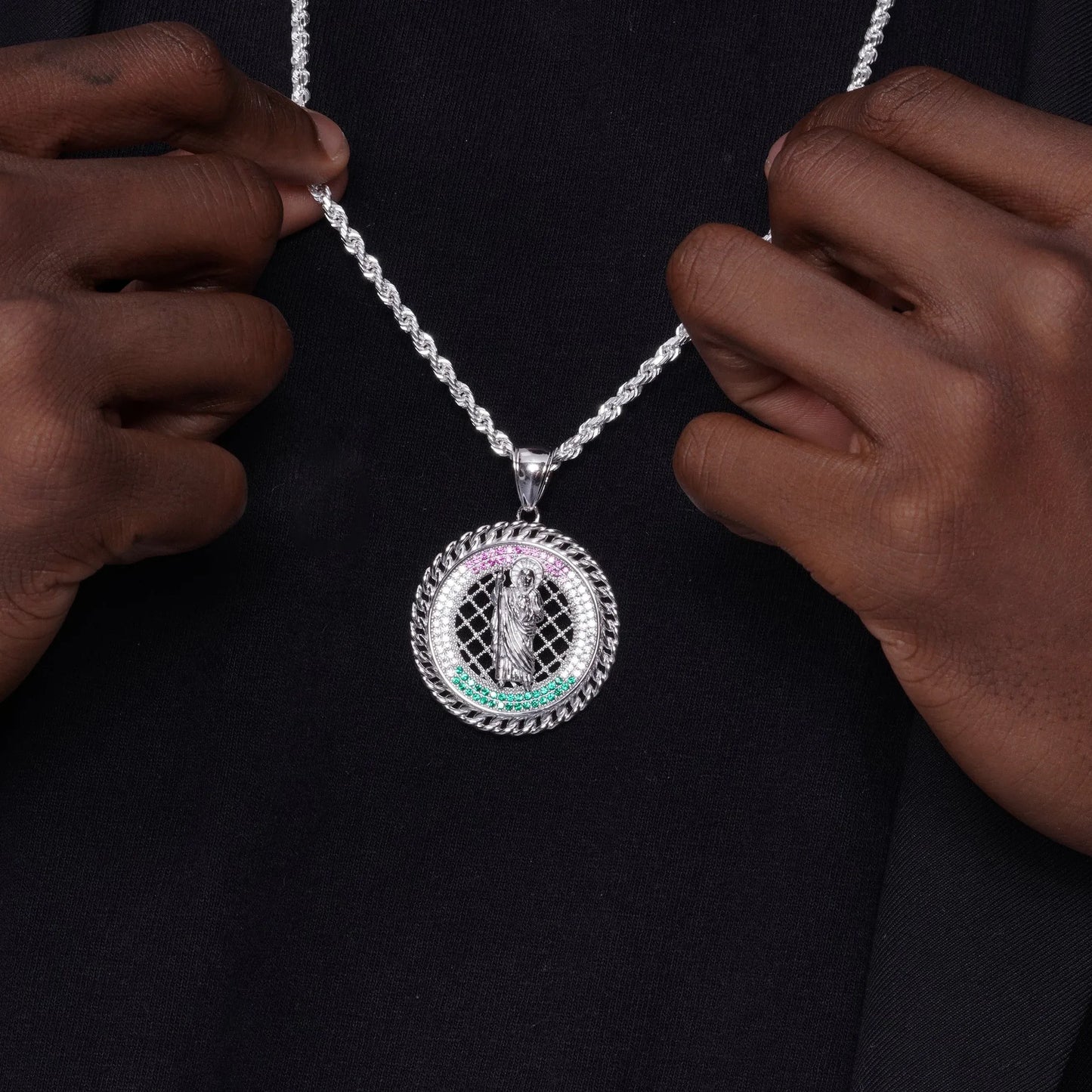 925 Sterling Silver Rhodium Plated Saint Jude Clear Green and Red CZ 35mm Pendant