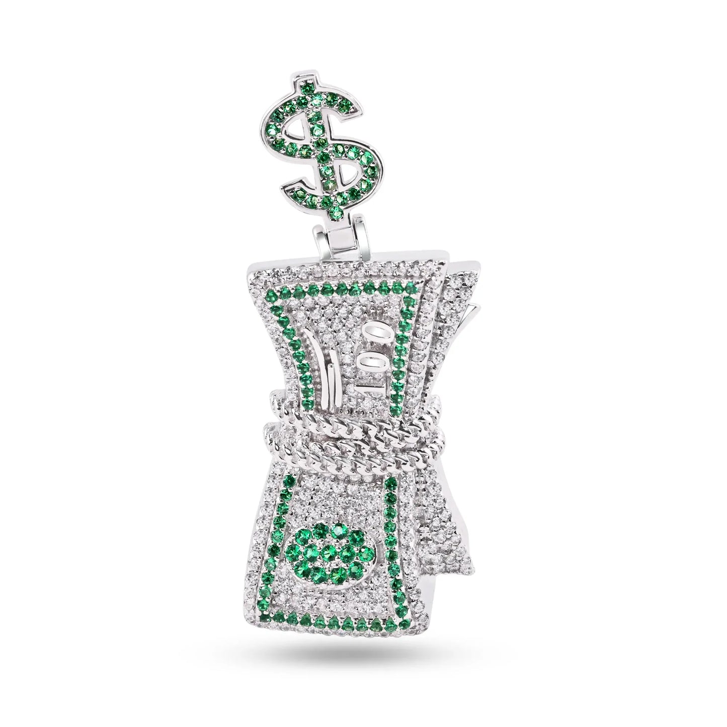 925 Sterling Silver Rhodium Plated Bundle of Cash Clear and Green CZ Dollar Vale Pendant