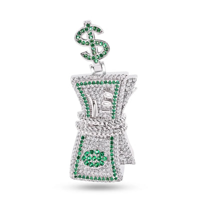 925 Sterling Silver Rhodium Plated Bundle of Cash Clear and Green CZ Dollar Vale Pendant