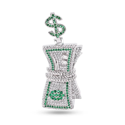925 Sterling Silver Rhodium Plated Bundle of Cash Clear and Green CZ Dollar Vale Pendant
