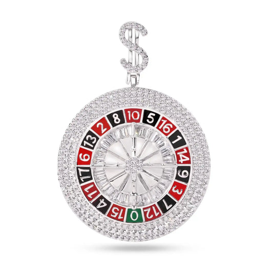 925 Sterling Silver Rhodium Plated Casino Roulette Clear CZ Enamel Pendant