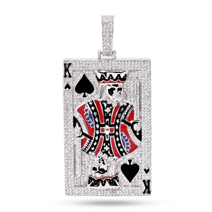 925 Sterling Silver Rhodium Plated King of Spades Clear CZ Black and Red Enamel Pendant