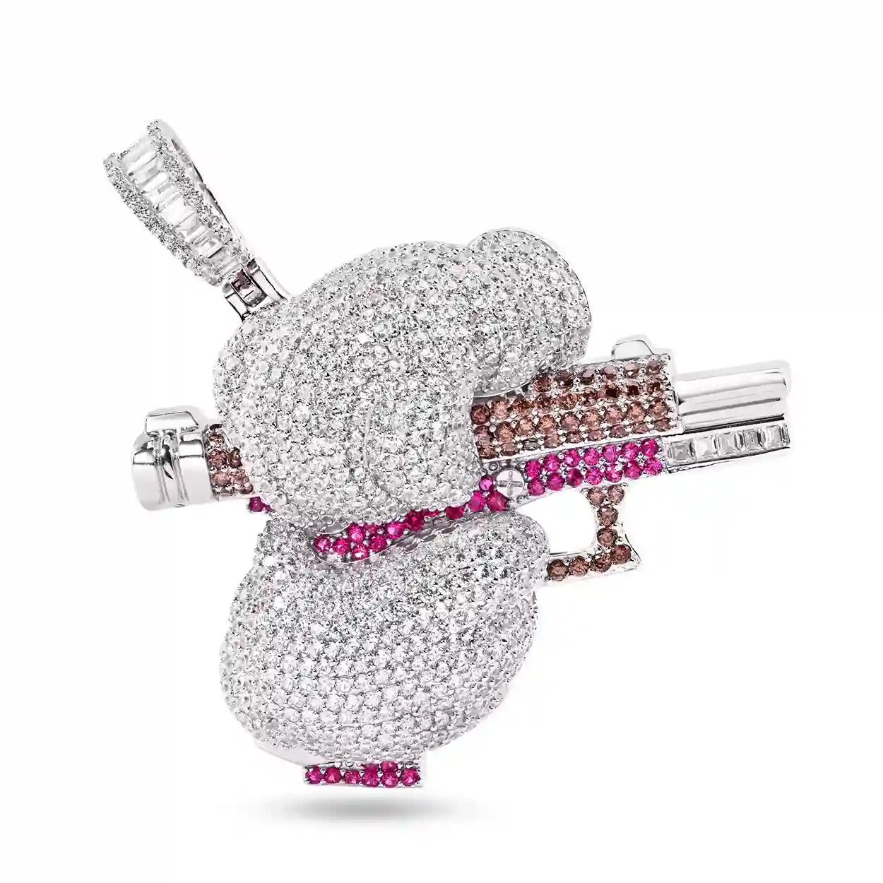 925 Sterling Silver Rhodium Plated Cocking Gun Clear Brown and Red CZ Pendant