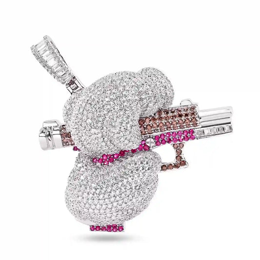 925 Sterling Silver Rhodium Plated Cocking Gun Clear Brown and Red CZ Pendant