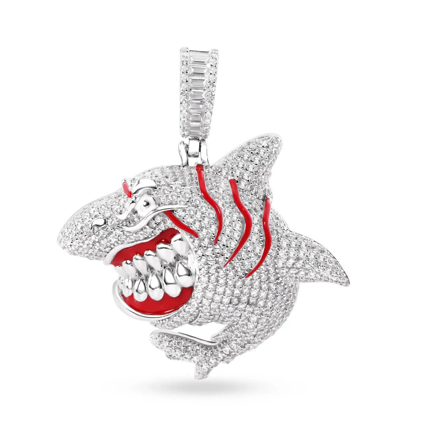 925 Sterling Silver Rhodium Plated Angry Shark Red Enamel Clear CZ Pendant