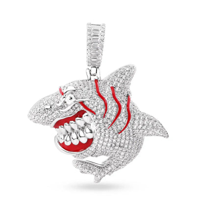 925 Sterling Silver Rhodium Plated Angry Shark Red Enamel Clear CZ Pendant