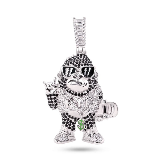 925 Sterling Silver Rhodium Plated Hip-Hop Skater Money Clear CZ Black Enamel Pendant