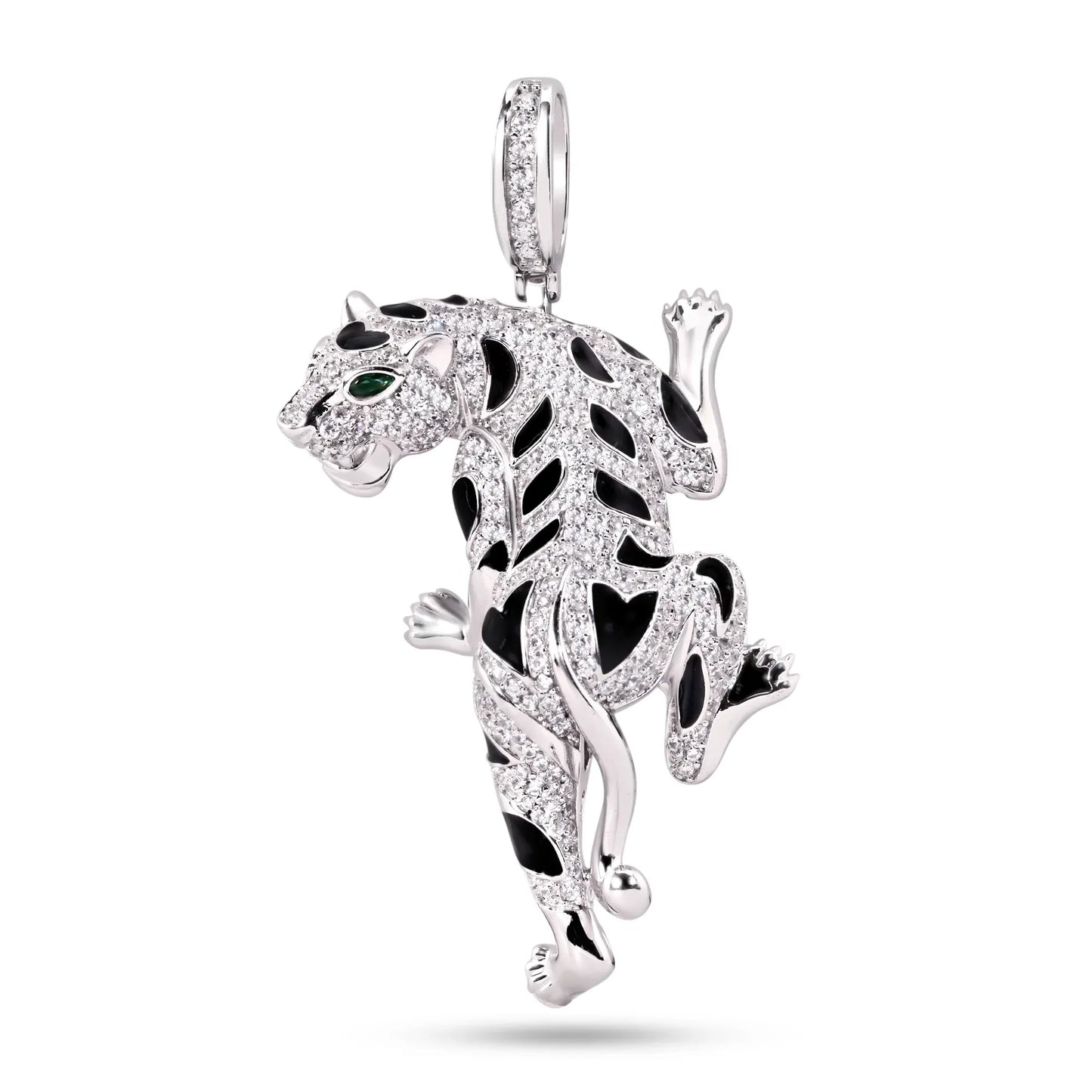 925 Sterling Silver Rhodium Plated Cheetah Clear CZ Black Enamel Pendant