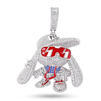 925 Sterling Silver Rhodium Plated Hip Hop Bunny Clear and Blue CZ Red Enamel Pendant