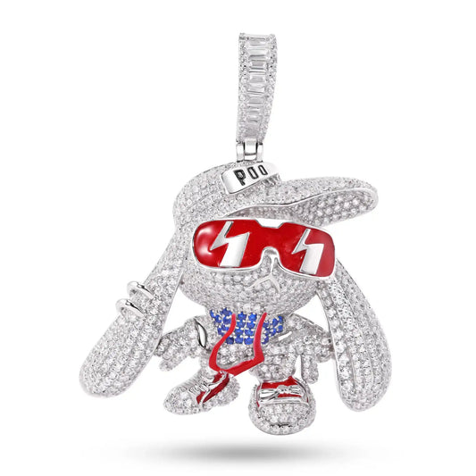 925 Sterling Silver Rhodium Plated Hip Hop Bunny Clear and Blue CZ Red Enamel Pendant