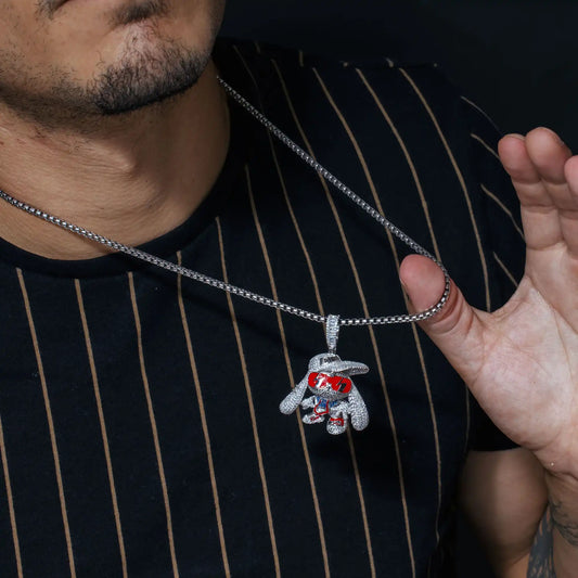 925 Sterling Silver Rhodium Plated Hip Hop Bunny Clear and Blue CZ Red Enamel Pendant