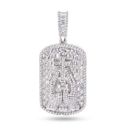 925 Sterling Silver Rhodium Plated Praying Hands Cross Clear CZ Pendant